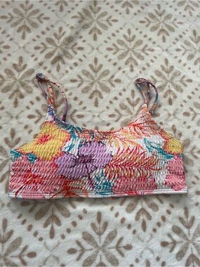 SHEIN Multicolor Floral Smocked Bikini Top - Pink, Purple, Yellow, Teal